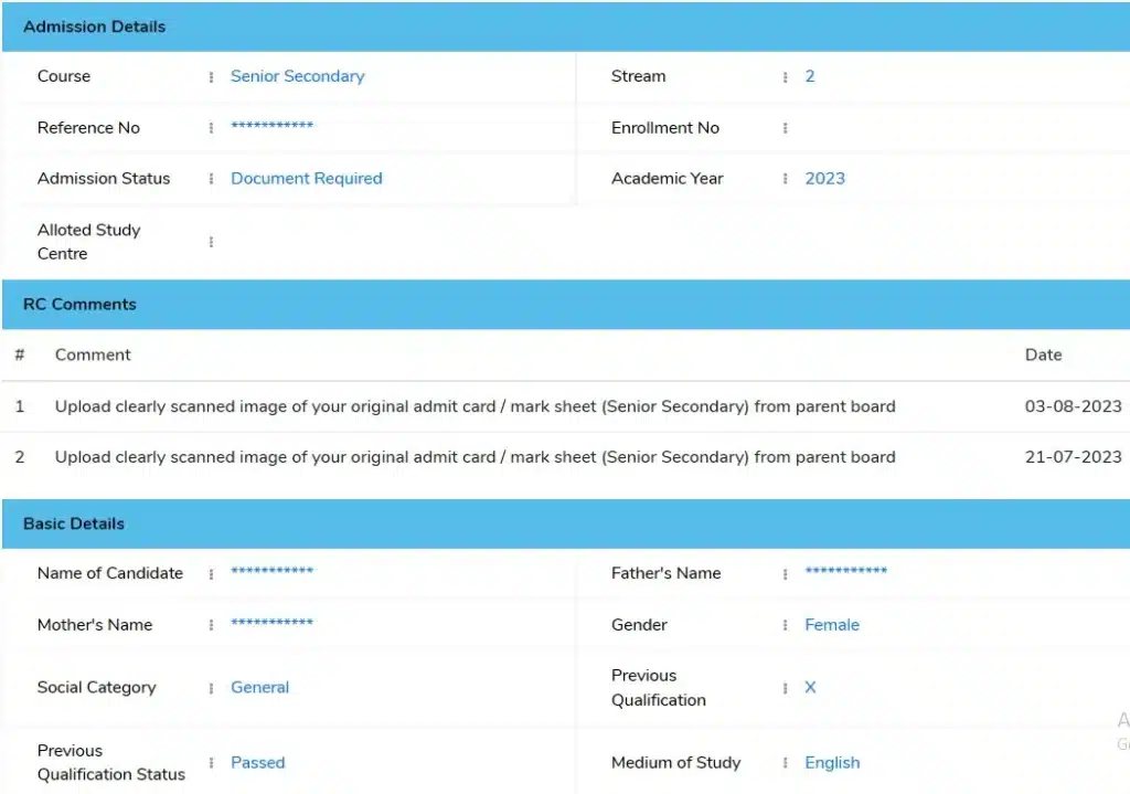 NIOS admission status document required