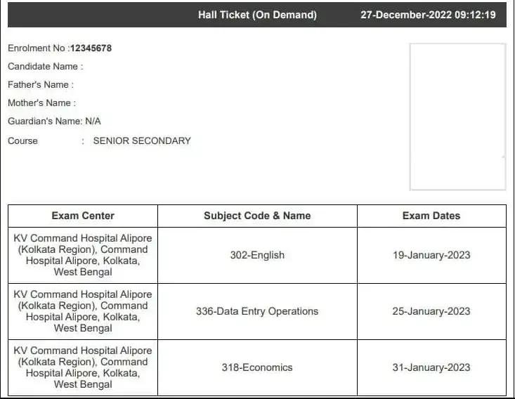 NIOS hall ticket example